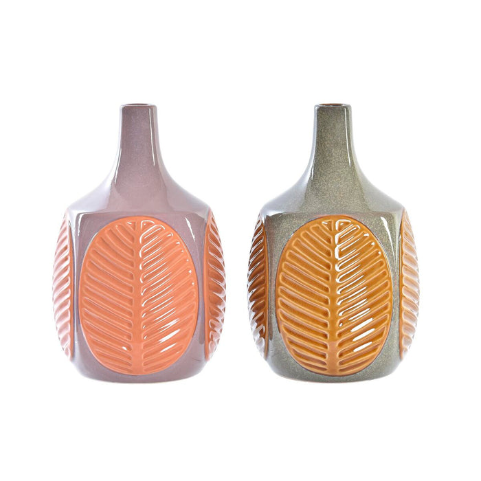 Jarrón DKD Home Decor Marrón Rosa Gres Hoja de planta 17 x 17 x 26 cm (2 Unidades)