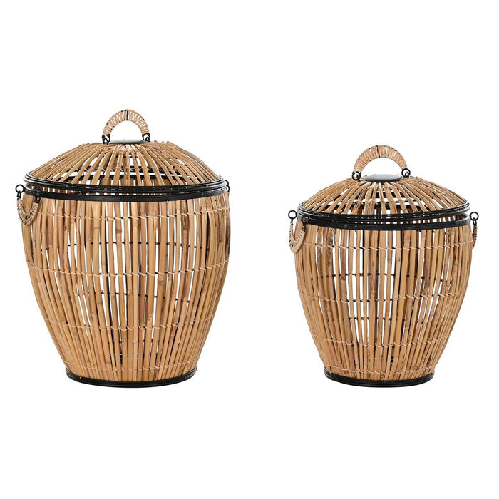 Set di Cesti DKD Home Decor Nero Naturale Metallo Rattan 48 x 48 x 55 cm (2 Unità)