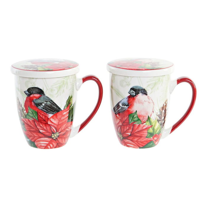 Teacup DKD Home Decor Bird Porcelain Red Green (380 ml) (2 Units)