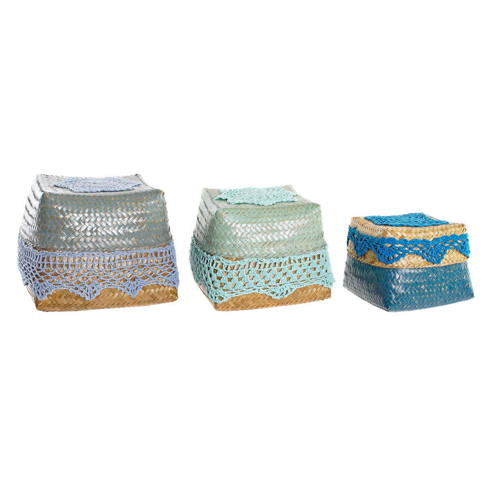 Set de boîtes décoratives DKD Home Decor Bleu Turquoise Naturel Gris clair Bambou Boho