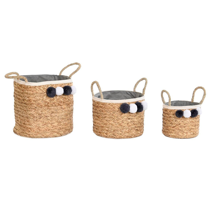 Juego de Cestas DKD Home Decor Natural Algodón Pompones Fibra natural (40 x 40 x 35 cm)