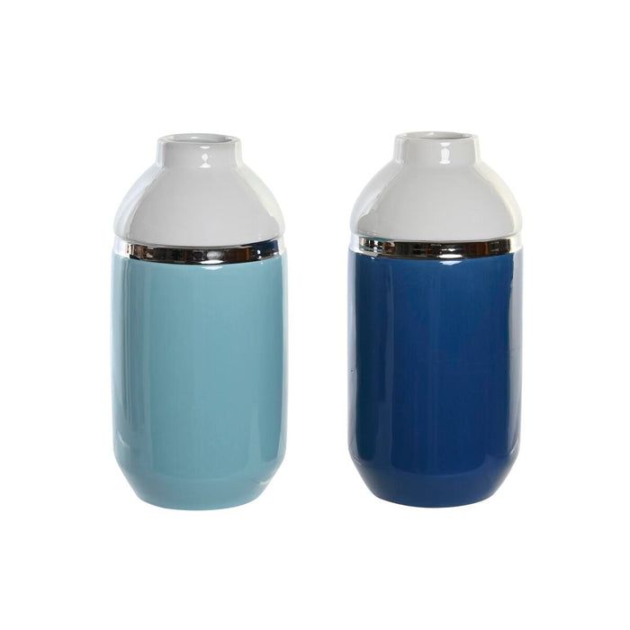 Jarrón DKD Home Decor 12,5 x 12,5 x 25 cm Blanco Azul cielo Azul marino Gres (2 Unidades)
