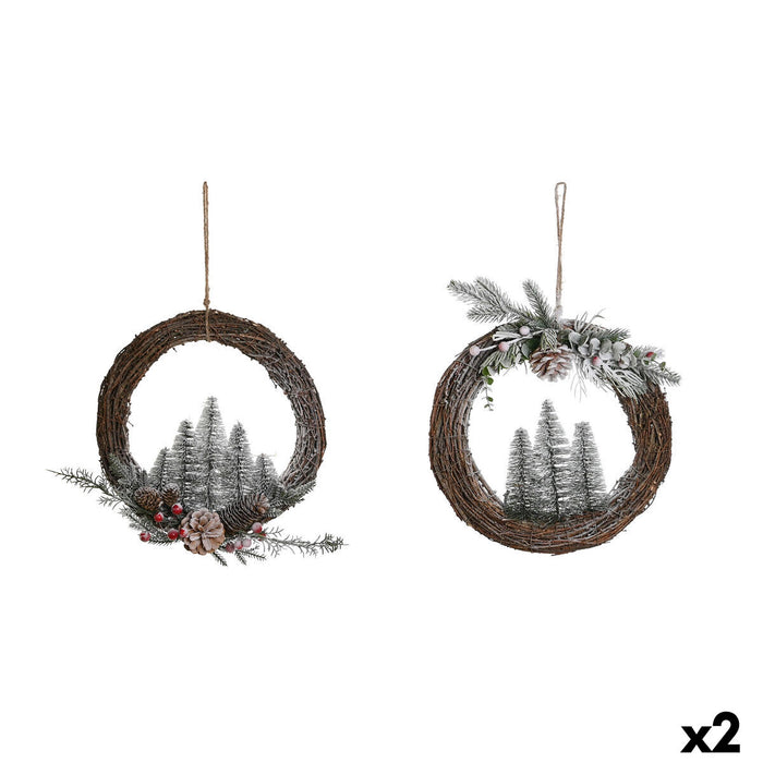 Couronne de Noël DKD Home Decor Naturel osier Ananas Enneigé 32 x 7 x 32 cm (2 Unités)