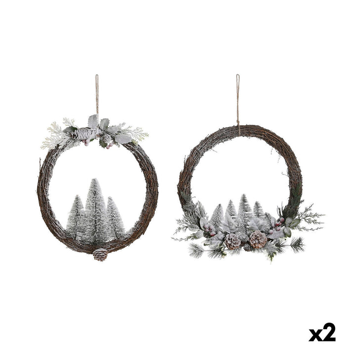 Couronne de Noël DKD Home Decor Naturel osier Ananas Enneigé 46 x 7 x 46 cm (2 Unités)