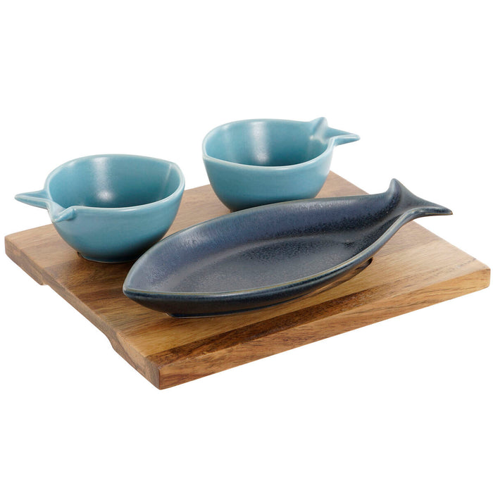 Set de Aperitivo Home ESPRIT Azul Azul cielo Porcelana Acacia Mediterráneo Peces 19,5 x 16,5 x 1,3 cm 4 Piezas