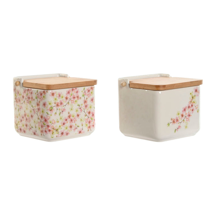 Salero con Tapa Home ESPRIT Blanco Rosa Lila Bambú 750 ml 14 x 12,5 x 12 cm (2 Unidades)