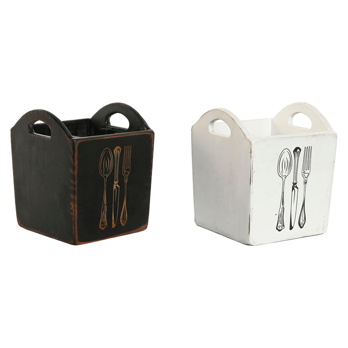 Cesto para cubiertos Home ESPRIT Blanco Negro Madera de abeto 15 x 15 x 18 cm