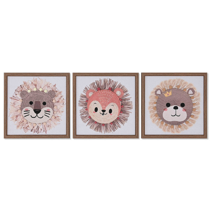 Lienzo Home ESPRIT Blanco Natural Infantil Animales 30 x 2,6 x 30 cm (3 Unidades)