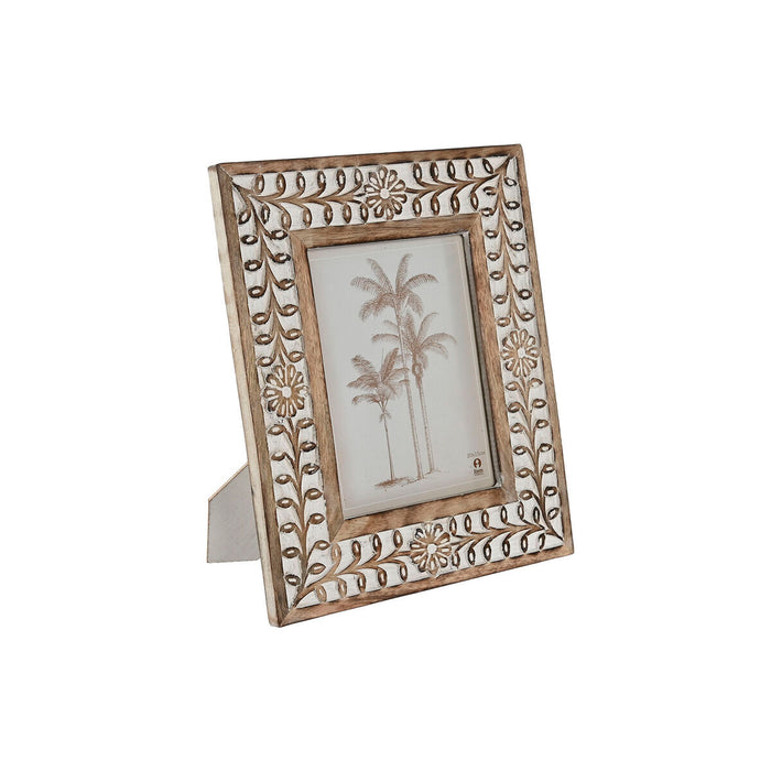 Marco de Fotos Home ESPRIT Blanco Natural Cristal Madera de mango Flor Indio 26,5 x 2 x 31,5 cm