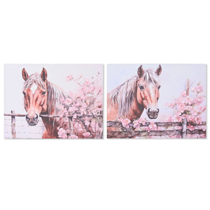 Cuadro Home ESPRIT Beige Rosa Lienzo Madera MDF Caballo Shabby Chic 80 x 2,5 x 60 cm (2 Unidades)