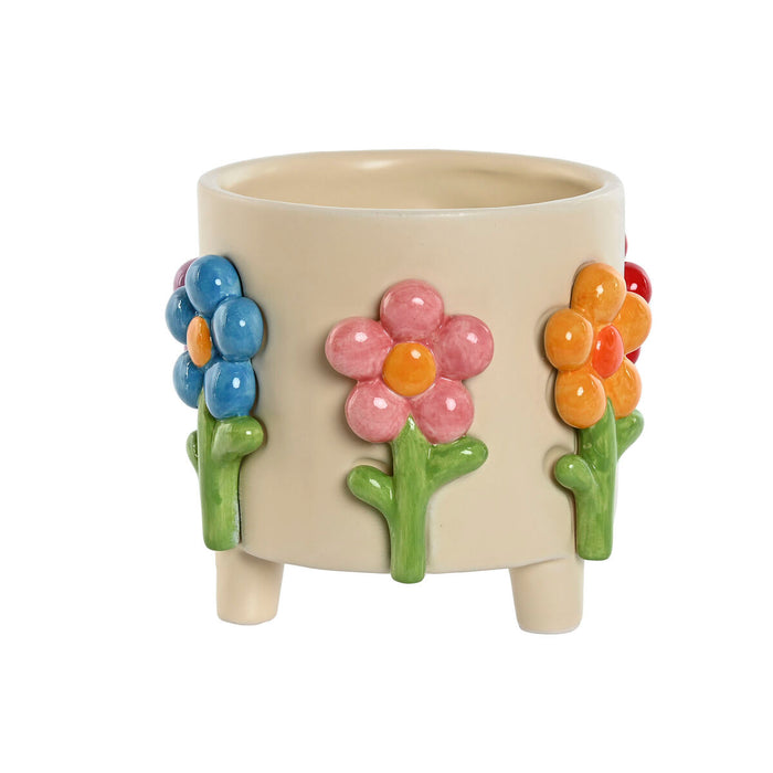 Macetero Home ESPRIT Multicolor Crema Dolomita Flores 20 x 20 x 18 cm