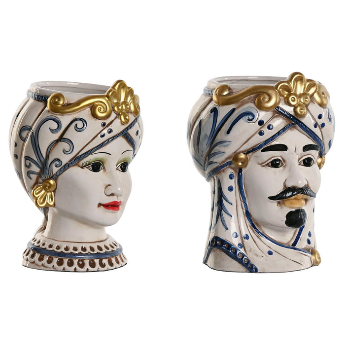Planter Home ESPRIT Blue White Golden Porcelain 15 x 15 x 26 cm (2 Units)