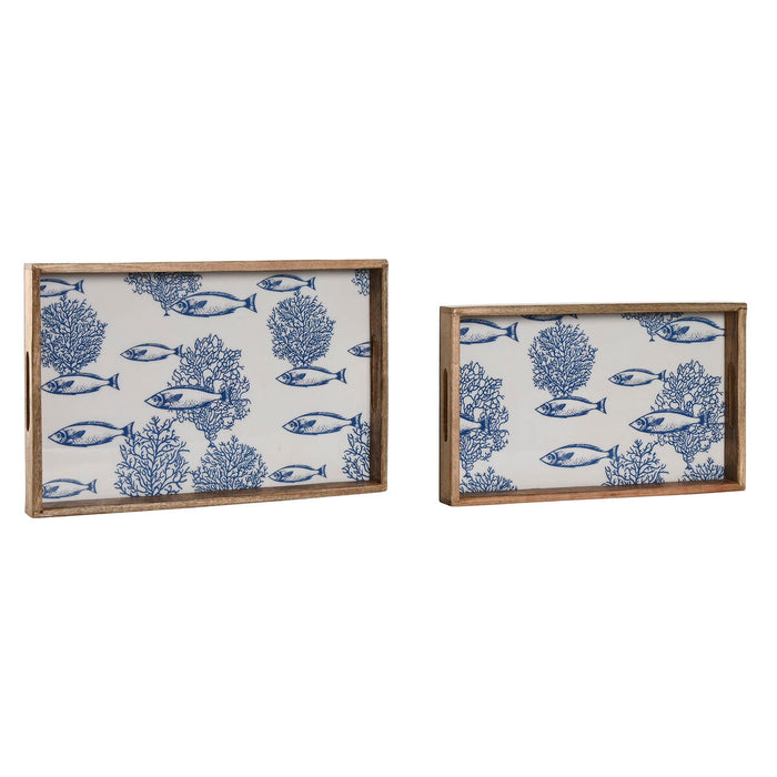 Jeux de plateaux Home ESPRIT Bleu Blanc Naturel Bois de manguier 43,5 x 27 x 5,5 cm (2 Unités)