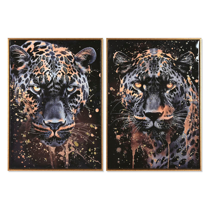Cuadro Home ESPRIT Negro Dorado Leopardo Colonial Lacado 50 x 3,5 x 70 cm (2 Unidades)