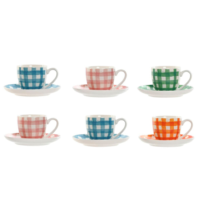 Set of 6 Cups with Plate Home ESPRIT Blue White Green Orange Pink Porcelain Stripes Mediterranean 90 ml