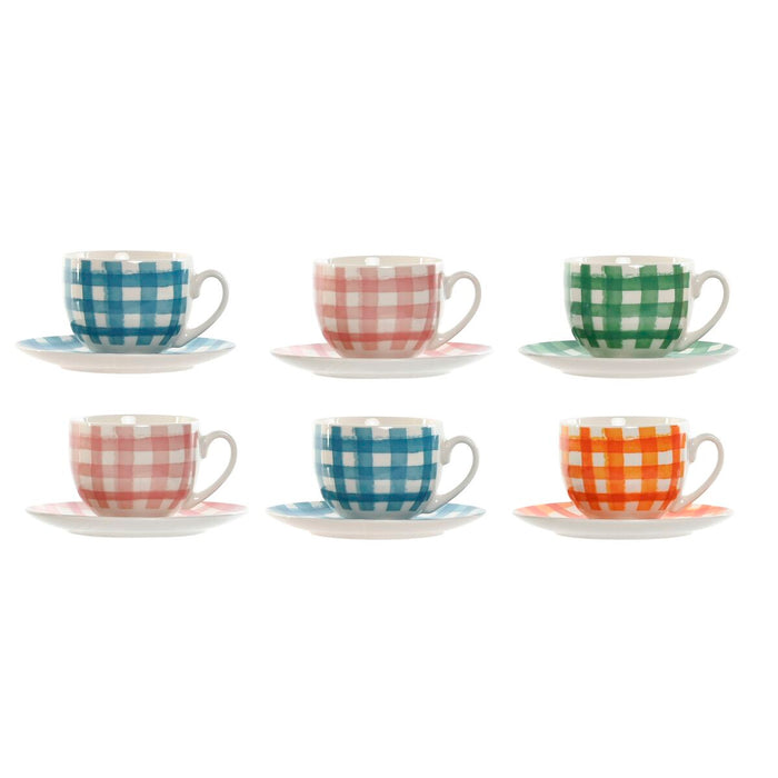 Set of 6 Cups with Plate Home ESPRIT Blue Green Orange Pink Porcelain Stripes Mediterranean 240 ml