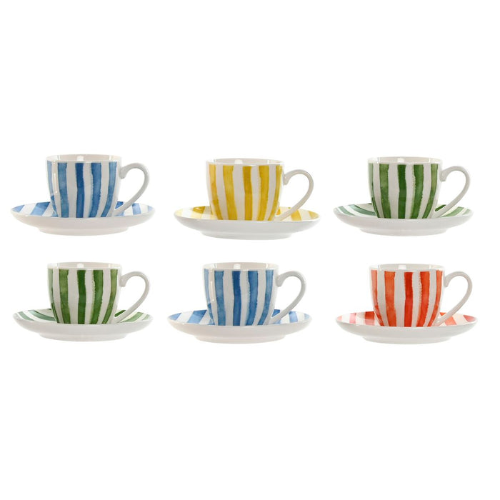Set of 6 Cups with Plate Home ESPRIT Yellow Blue Green Coral Porcelain Stripes Mediterranean 90 ml