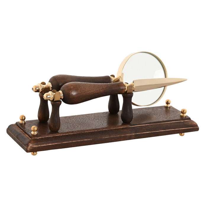 Magnifying glass Home ESPRIT Brass Mango wood 25 x 7 x 11 cm