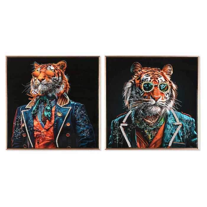 Cuadro Home ESPRIT Negro Turquesa Tigre Lacado 60 x 3,5 x 60 cm (2 Unidades)