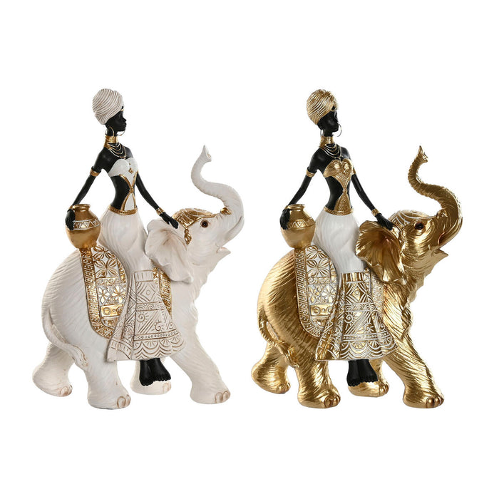 Figura Decorativa Home ESPRIT Blanco Negro Dorado Elefante Africana 21 x 11 x 32 cm (2 Unidades)