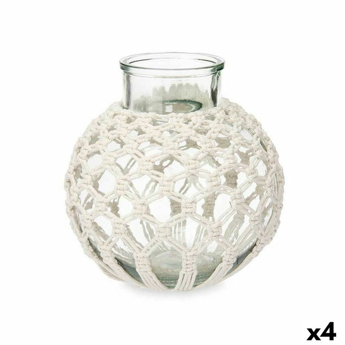 Vase Gift Decor Blanc Transparent Tissu verre Macramé 25 x 26,5 x 25 cm (4 Unités)